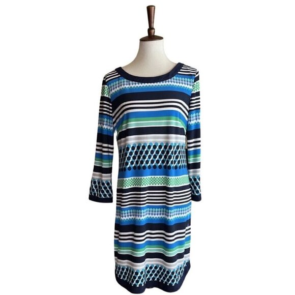 Vince Camuto Womens Blue Jersey Dotted Stripe Crew neck Mini Dress Size 14 - Picture 11 of 16